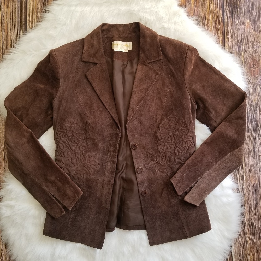 Margaret Godfrey Brown Floral Stitch Suede Blazer